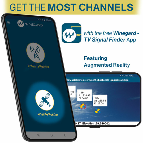 Cellphone showing the free Winegard app that helps find satellites for quick setup