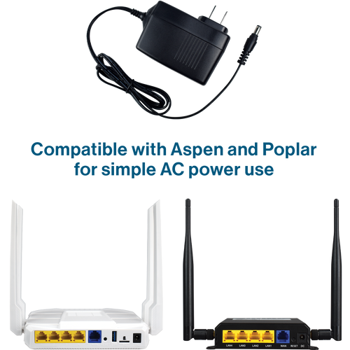 Image showing the AC power supply with the compatible WifiRanger Aspen and Poplar routers